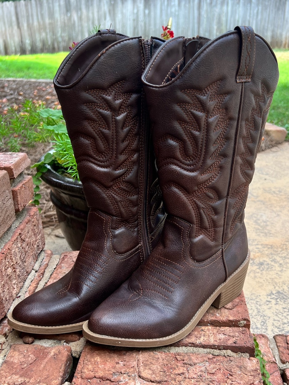 Steve Madden Salty Western Cowboy Boots Brown Embroidered Leopard Lining Sz 5